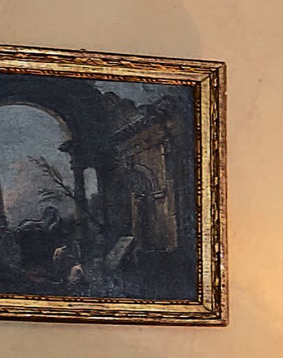 Jean-Baptiste Lallemand (1716-1803) 
Paysage de ruines romaines avec baigneuses
Huile...