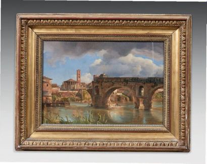 Ecole FRANCAISE vers 1800 
View of the Ponteroto in Rome
oil on canvas 
27.5 x 39...