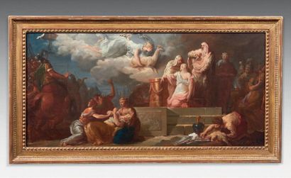 Ecole Francaise vers 1780 
Le sacrifice d'Iphigénie
Huile sur toile.
43 x 89 cm