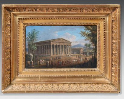 Attribué à Jean-Georges BERDOT (1614-1679) 
Imaginary view of Paestum
Oil on panel.
13,5...
