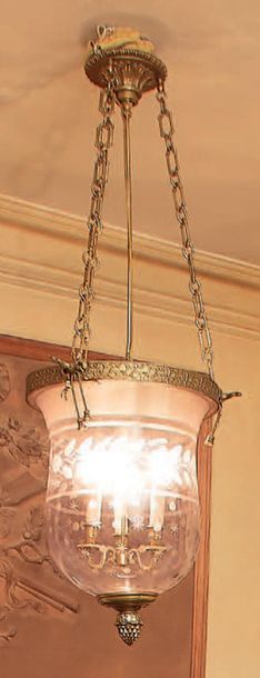 null Chiseled and gilt bronze and partially frosted glass hanging lamp with three...