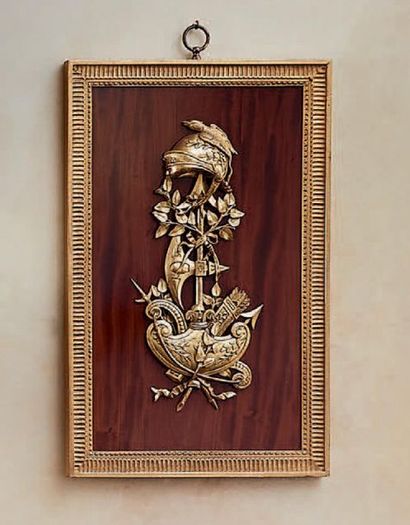 null Pair of decorative panels in mahogany and carved and gilded wood, decorated...