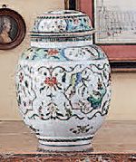 null Covered porcelain pot in China, decoration in enamels of the green family of...