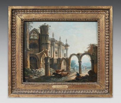 Suiveur de Pierre-Antoine DEMACHY (1723-1807) 
Shepherd and his flock in ruins
Oil...