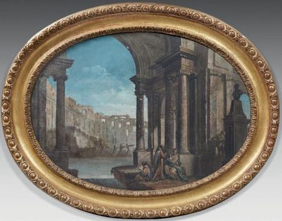 Pietro PALTRONIERI, dit IL MIRANDOLEBE (1673-1741) 
Caprice architectural animé de...