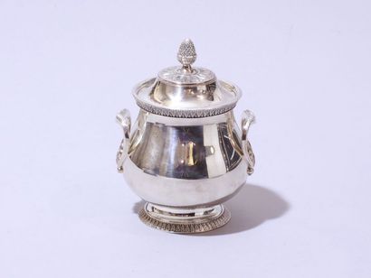 null Sugar bowl covered in silvery metal, the base and border frieze of water leaves,...