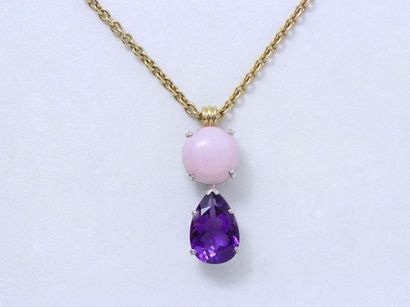 null Two-tone 750 thousandths gold pendant, decorated with a pink opal cabochon holding...