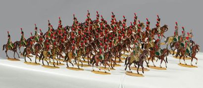 null Figurines en plat d'étain : un ensemble de cavaliers des chasseurs à cheval...