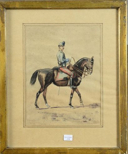 null Dessin aquarellé représentant un officier de chasseurs à cheval, signé ''E....
