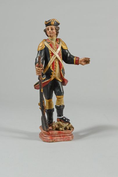 null Statuette en bois polychrome : officier de la première moitié du XVIIIe, tenant...