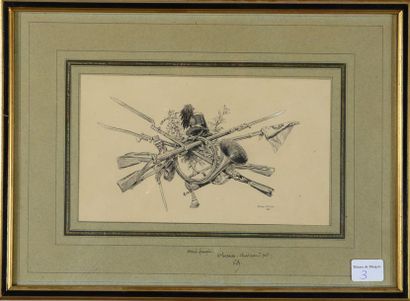 null Pen drawing : a military trophy of foot hunter, signed : ''E D'', marked on...