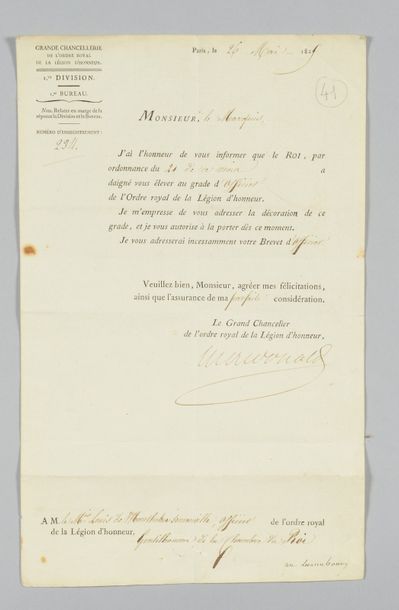 null Letter of appointment as Officer of the Order of the Legion of Honour to Marquis...