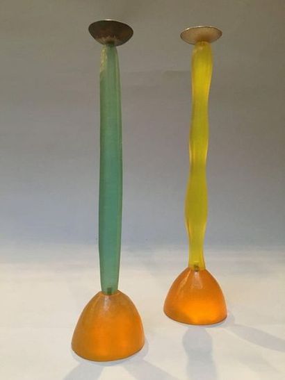 MIGEON & MIGEON Two two-coloured translucent resin candle holders

Height: 36 -39...