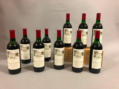 10 bouteilles Château DE RHODE, Côtes de Castillon 1985 (5 TLB, 1 LB, 2 MB, 2 B)...
