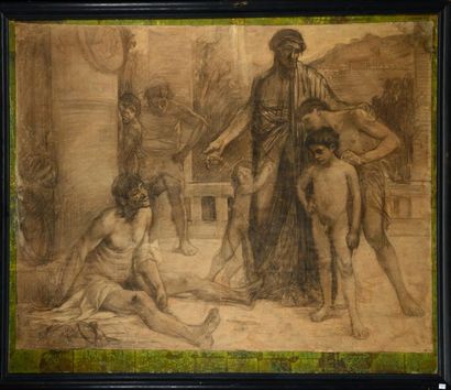 Fernand SABATTE (Aiguillon 1874 - ? 1940) A Spartan shows his sons a drunken Ilote...

Charcoal...