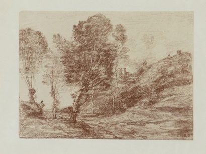 null Camille COROT (1796 - 1875). Souvenir d'Italie. Autographie sur chine appliqué...