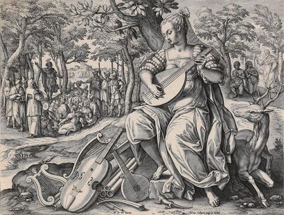 null Adrien COLLAERT (1560 – 1618). L'Ouïe, planche de la série des Sens.D'après...