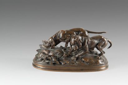 null Hippolyte HEIZLER (1828-1971)
Deux chiens et lapin
Bronze à patine brune nuancée...