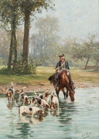 null Charles Olivier de PENNE (1831-1897)
Veneur et chiens dans la rivière
La tenue...