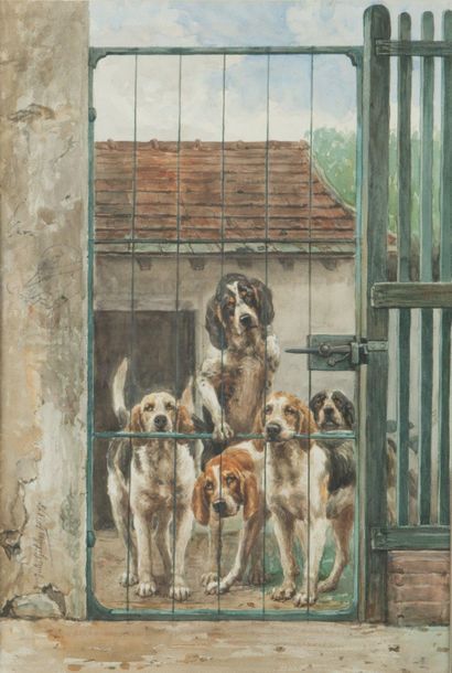 null Jules Bertrand GELIBERT (1834-1916)
The dogs at the kennel
door Watercolor on...