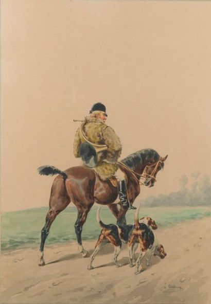 null Charles de CONDAMY (1847-1913)
Veneur à la pelisse et deux chiens tricolores
Aquarelle...