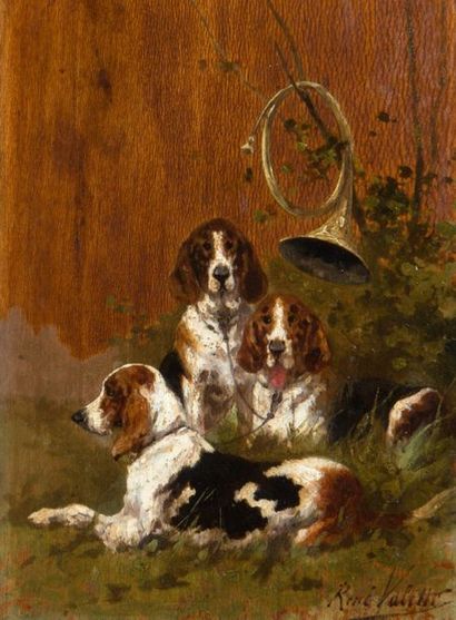 null René VALETTE (1874-1956)
Three Artois hounds with hunting
horn Oil on panel...
