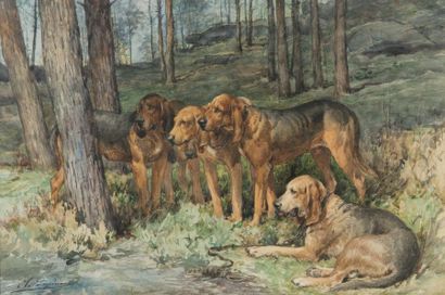 null Charles Olivier de PENNE (1831-1897)
Groupe de chiens Saint Hubert au repos
Aquarelle...