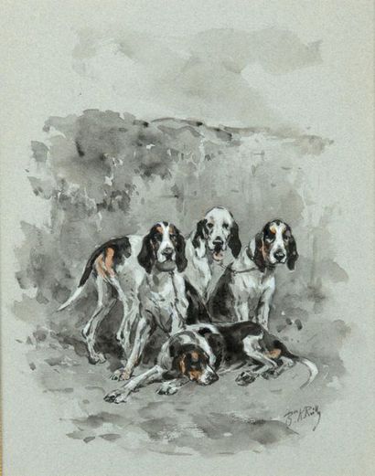 null Baron Karl REILLE (1886-1975)
Quatre chiens se Saintonge au repos
Lavis aquarellé...
