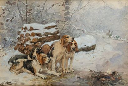 null Charles Olivier de PENNE (1831-1897)
Les chiens au tas de bois. Devant le feu
Aquarelle...