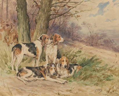 null Georges Frédéric ROTIG (1873-1961)
Quatre chiens au repos
Aquarelle sur papier...