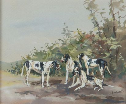 null Jean de LA VERTEVILLE (1919-1940)
Les quatre chiens du Poitou au repos
Watercolour...