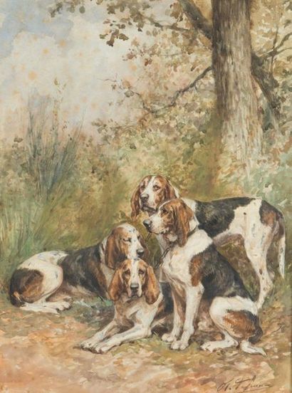 null Charles Olivier de PENNE (1831-1897)
Quatre chiens au repos
Aquarelle gouachée...