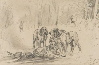 null Charles Olivier de PENNE (1831-1897)
The four dogs of Vendée in the alley
Pencil...