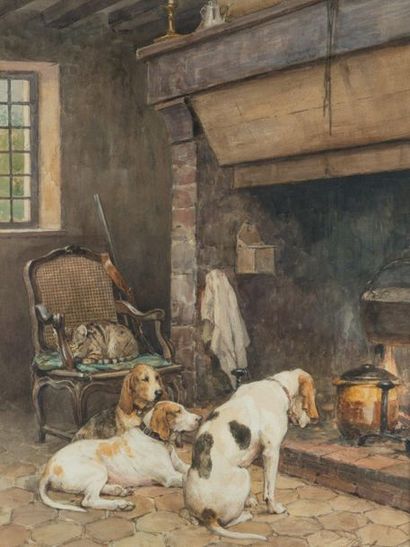 null Charles Olivier de PENNE (1831-1897)
After the hunt. Rest in front of the hearth
Watercolour...