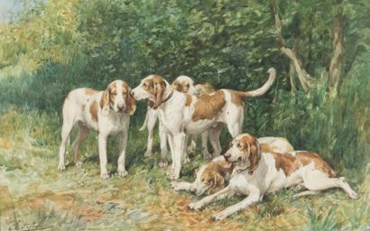 null Charles Olivier de PENNE (1831-1897)
Les chiens Français Blanc Orange au repos
Watercolor...