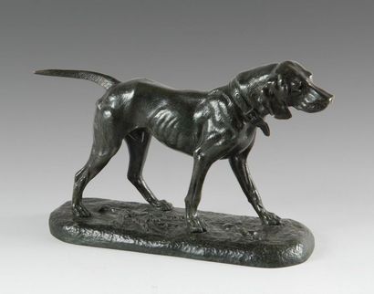 null BARYE son of a standing
dog with a bronze collar
with a brown-green patina signed...