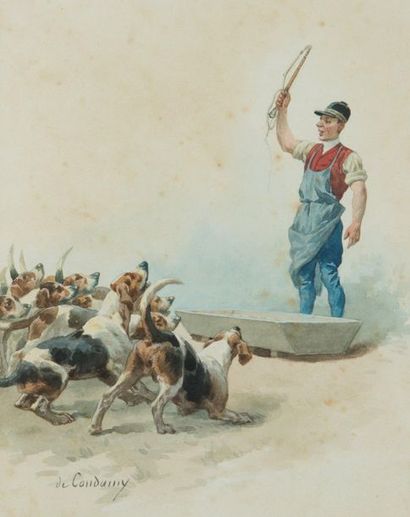null Charles de CONDAMY (1847-1913)
Valet de chiens devant l’auge
Aquarelle sur papier...