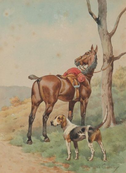 null Charles de CONDAMY (1847-1913)
Cheval à l’attache et chien
Aquarelle sur papier...