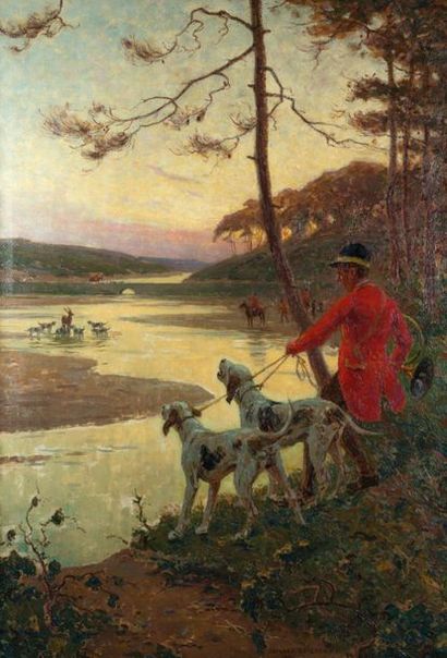null Edouard DOIGNEAU (1865-1954)
Venery of the deer. The hallali
Oil on canvas signed...