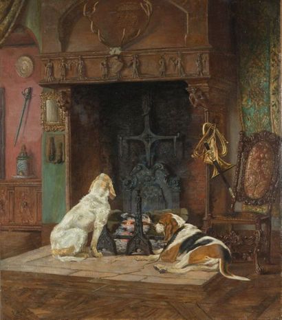 null Gaston GELIBERT (1850-1931)
Large Griffons vendéens in front of the hearth
Oil...