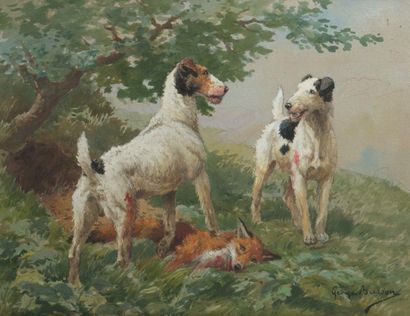 null Georges BUSSON (1859-1933)
Les fox terrier à poil dur. La prise du renard
Aquarelle...