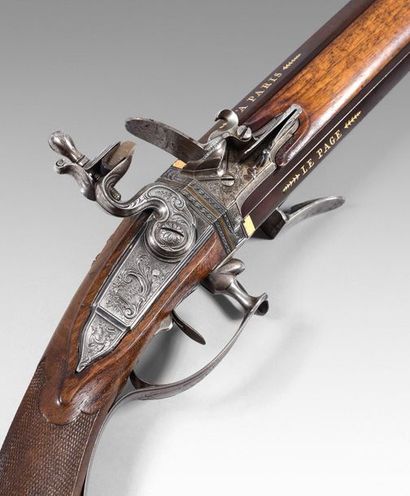 null Beautiful flintlock rifle, two superimposed barrels revolving by Le Page: barrels...