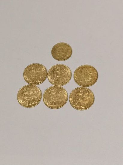 null Lot of 7 gold coins including: 
6 pieces of 20 Francs gold
1 piece of 10 Francs...