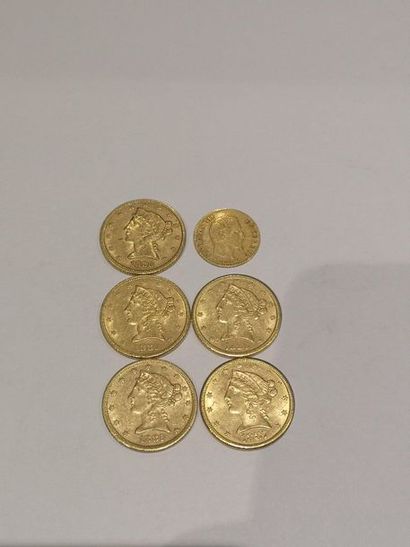 null Lot de 6 pièces comprenant :
5 pièces de 5 dollars or datées 1880 (x2), 1881,...