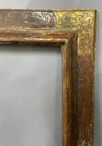 null Large moulded pine frame with an upside down profile, formerly silver and gold,...