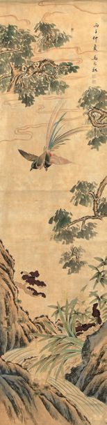 null CHINE. Rouleau peint aux oiseaux volant au-dessus d’un paysage avec fleurs sur...
