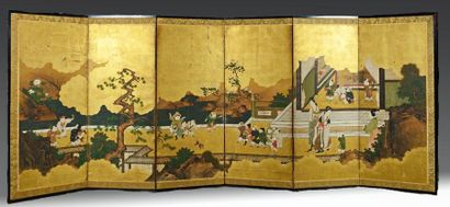 null JAPON - 

Paravent à six feuilles orné de feuille d'or sur papier, encre et...