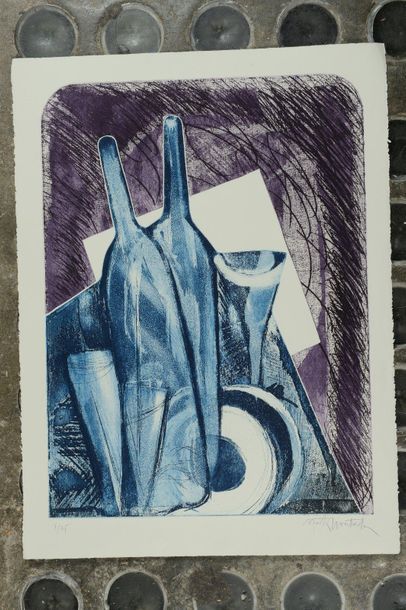 MONTCADE (?) Portrait d'homme en bleu 3/75. 67x49cm

Nature morte au vin 7/75. 6...