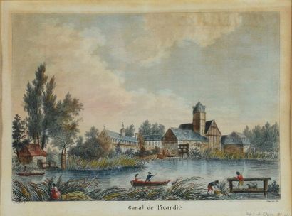 null Quatre encadrés : deux gravures scène du Canal de Picardie ; une gravure Malle...