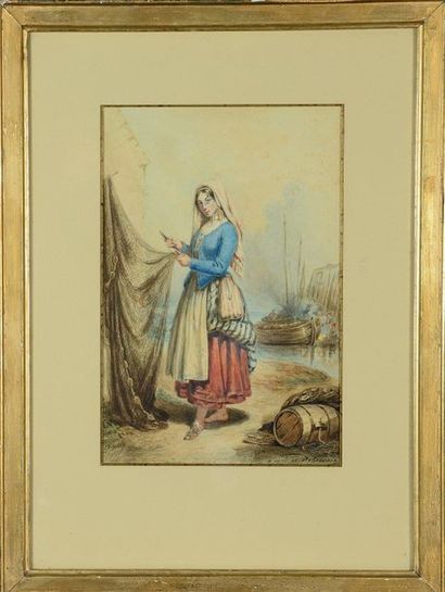Ecole du XIXème, d'après Auguste DELACROIX Femme reprisant un filet de pêche

Aquarelle...